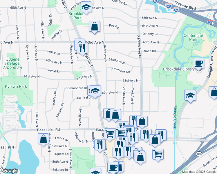 map of restaurants, bars, coffee shops, grocery stores, and more near 6006 Beard Avenue North in Minneapolis