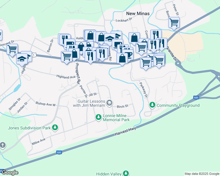 map of restaurants, bars, coffee shops, grocery stores, and more near 29 Evergreen Avenue in New Minas