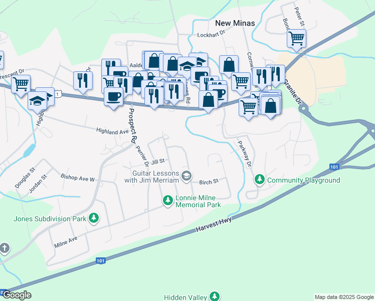 map of restaurants, bars, coffee shops, grocery stores, and more near 29 Evergreen Avenue in New Minas