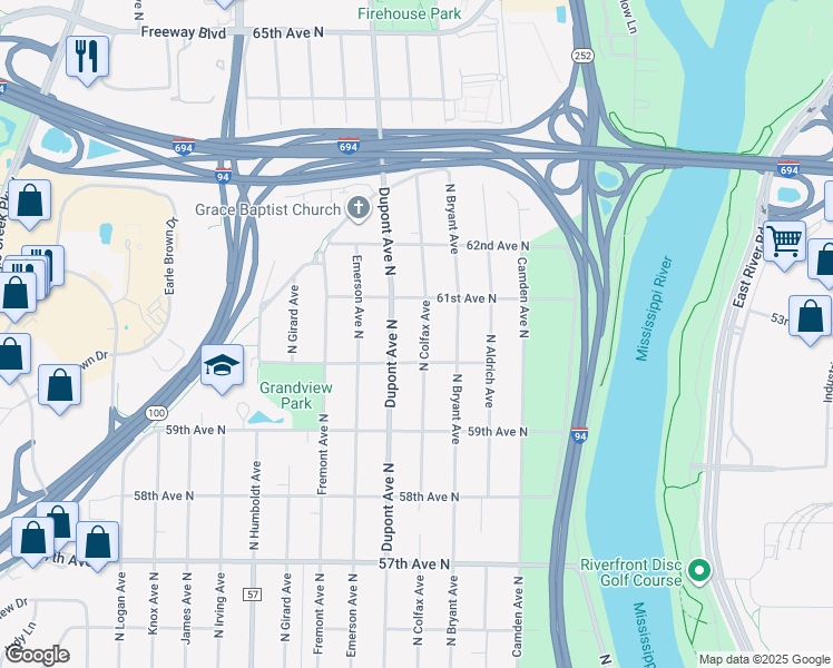 map of restaurants, bars, coffee shops, grocery stores, and more near 6019 North Colfax Avenue in Minneapolis
