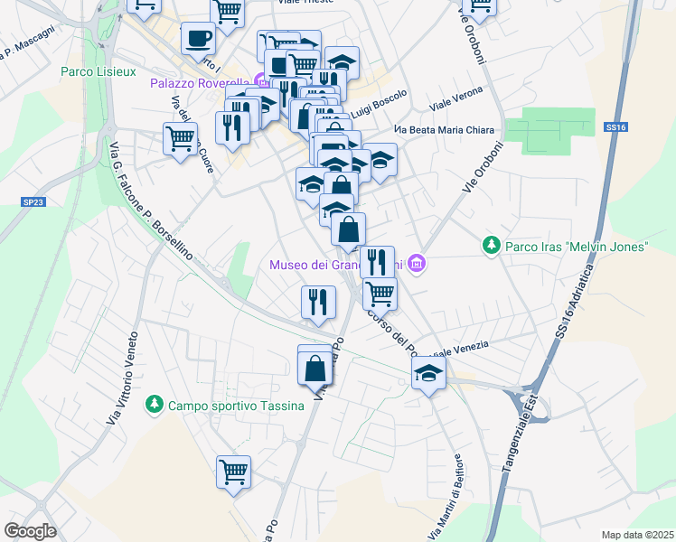 map of restaurants, bars, coffee shops, grocery stores, and more near 76 Via Giacomo Sichirollo in Rovigo