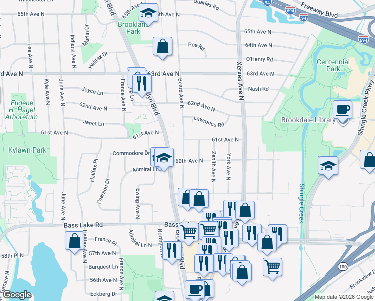 map of restaurants, bars, coffee shops, grocery stores, and more near 6006 Beard Avenue North in Minneapolis