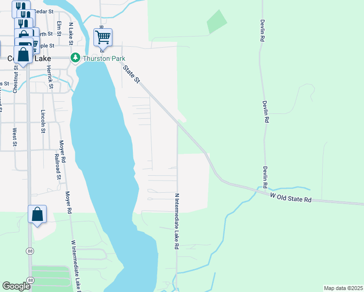 map of restaurants, bars, coffee shops, grocery stores, and more near 2018 North Intermediate Lake Road in Central Lake