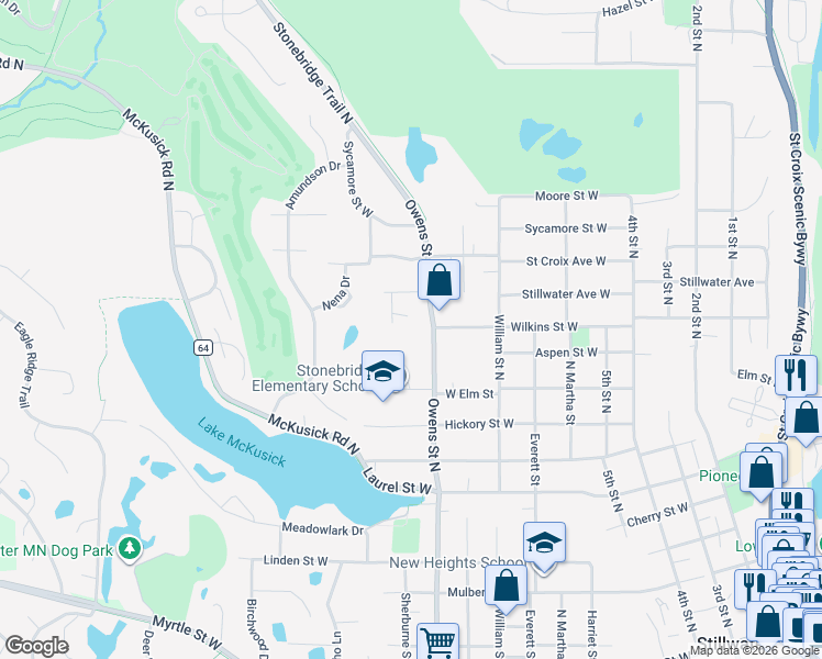 map of restaurants, bars, coffee shops, grocery stores, and more near 1105 Meadowview Drive in Stillwater