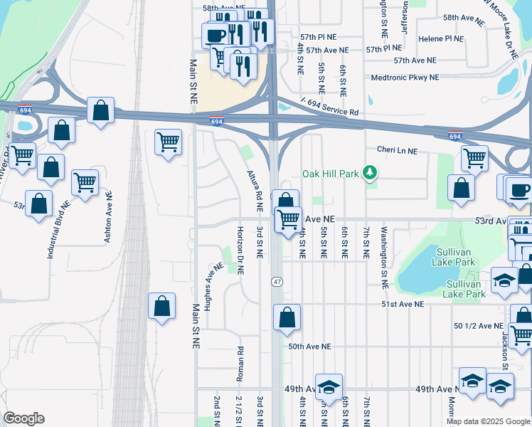 map of restaurants, bars, coffee shops, grocery stores, and more near 305 53rd Avenue Northeast in Minneapolis
