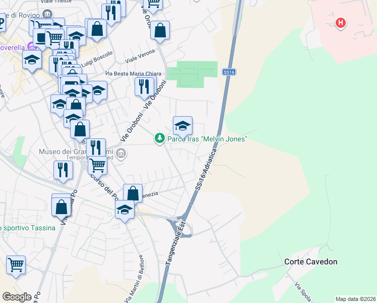 map of restaurants, bars, coffee shops, grocery stores, and more near Via Lionello D'Este in Rovigo