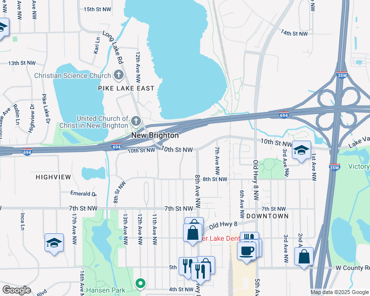 map of restaurants, bars, coffee shops, grocery stores, and more near 900 10th Street Northwest in New Brighton
