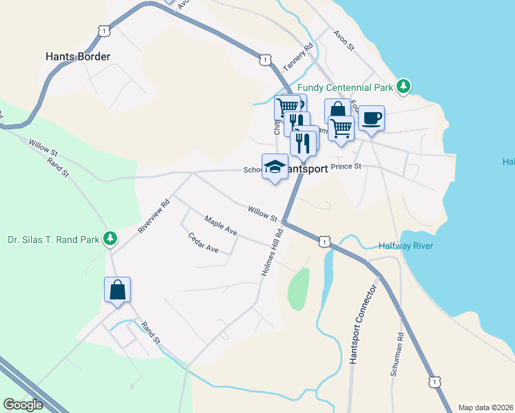 map of restaurants, bars, coffee shops, grocery stores, and more near 10 Willow Street in Hantsport