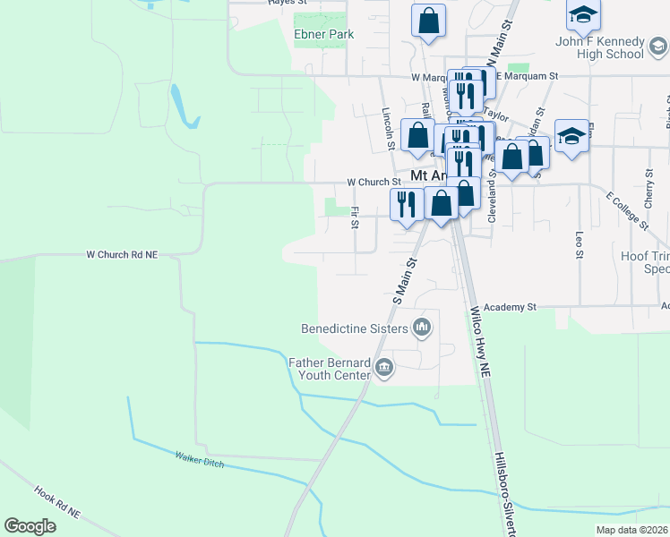 map of restaurants, bars, coffee shops, grocery stores, and more near 530 Maple Street in Mount Angel