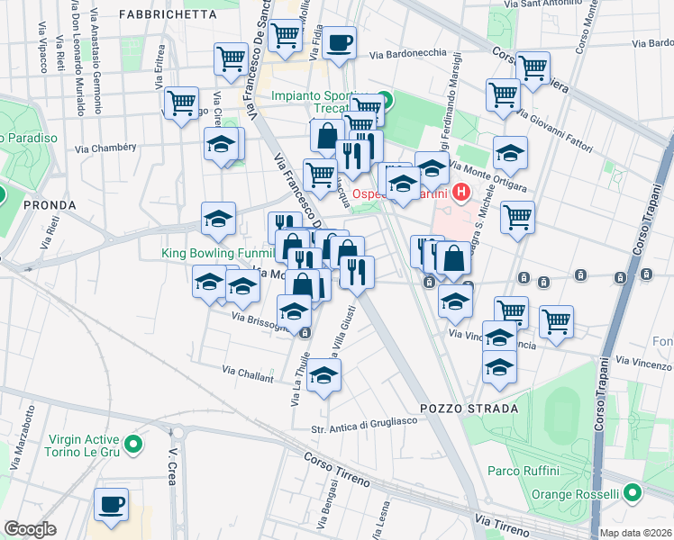 map of restaurants, bars, coffee shops, grocery stores, and more near 138 Via Francesco De Sanctis in Torino
