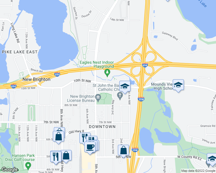 map of restaurants, bars, coffee shops, grocery stores, and more near 919 Old Highway 8 Northwest in New Brighton