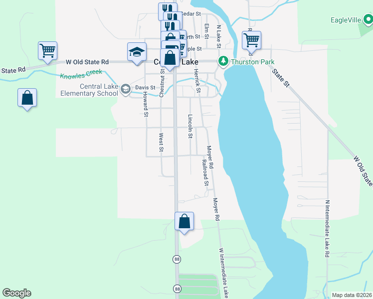 map of restaurants, bars, coffee shops, grocery stores, and more near 7962 Cameron Street in Central Lake