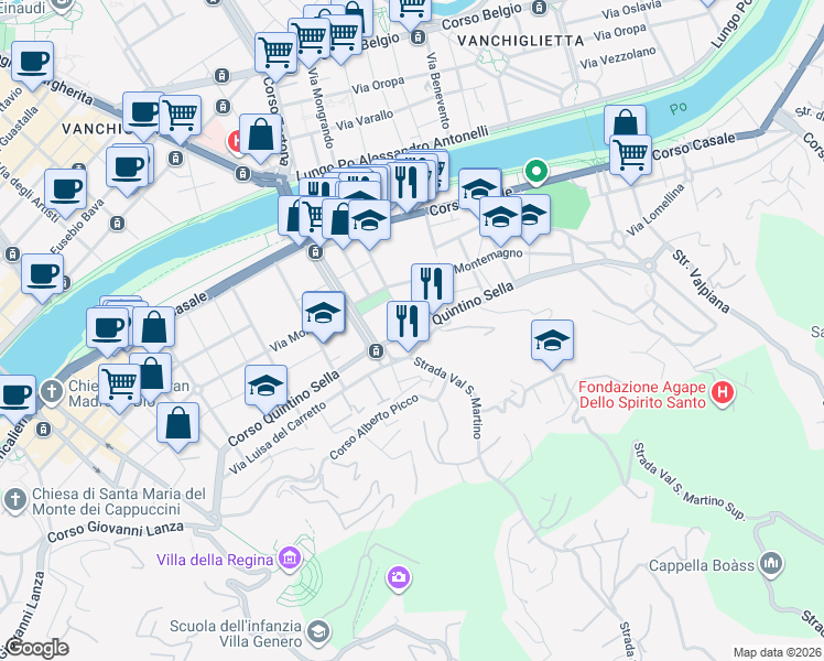 map of restaurants, bars, coffee shops, grocery stores, and more near 4 Strada Comunale Val San Martino in Torino
