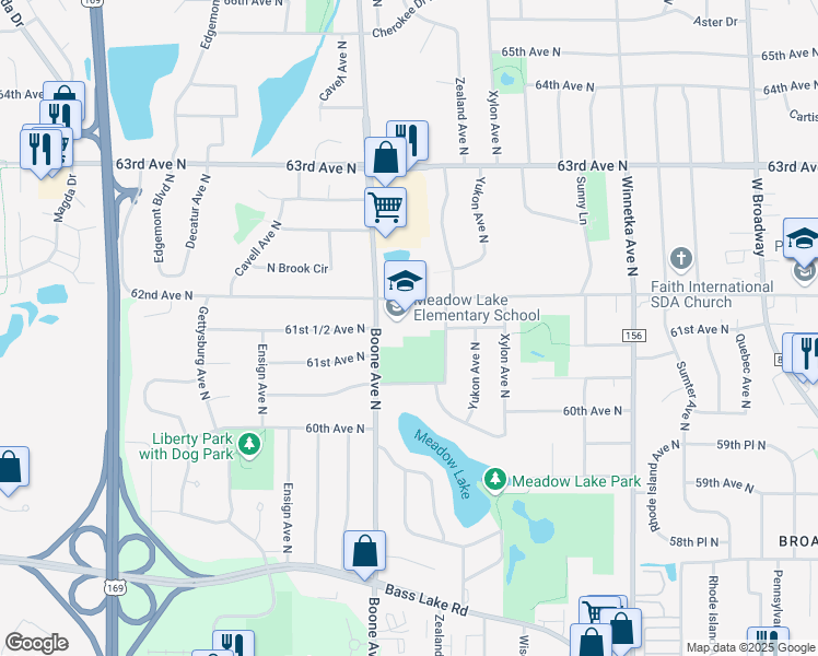 map of restaurants, bars, coffee shops, grocery stores, and more near 8525 62nd Avenue North in Minneapolis