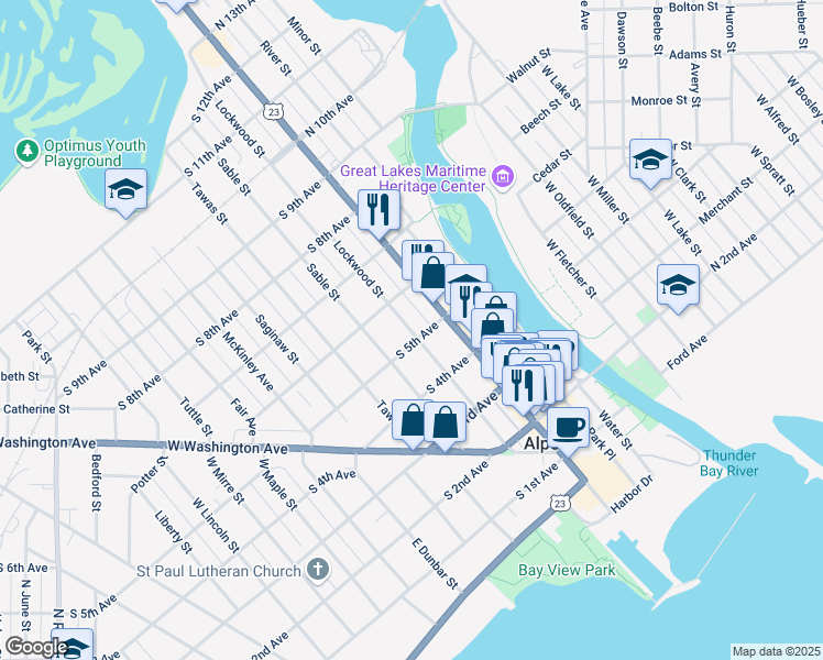 map of restaurants, bars, coffee shops, grocery stores, and more near 100-198 South 5th Avenue in Alpena