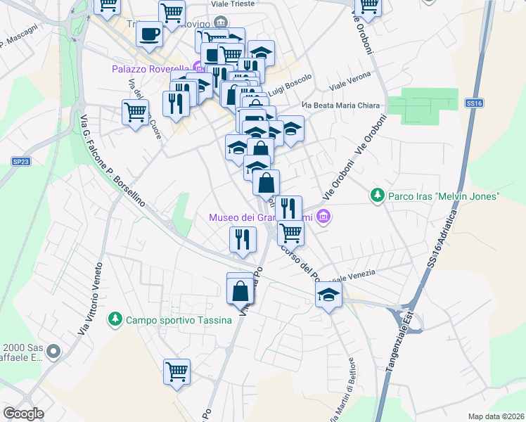 map of restaurants, bars, coffee shops, grocery stores, and more near 76 Via Giacomo Sichirollo in Rovigo