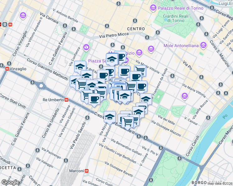 map of restaurants, bars, coffee shops, grocery stores, and more near 10 Via Piero Gobetti in Turin