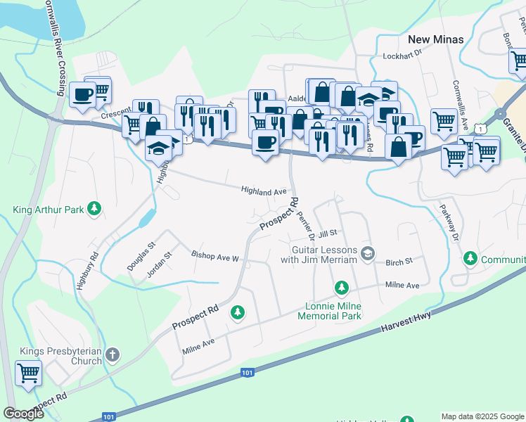 map of restaurants, bars, coffee shops, grocery stores, and more near 5775 Prospect Road in New Minas