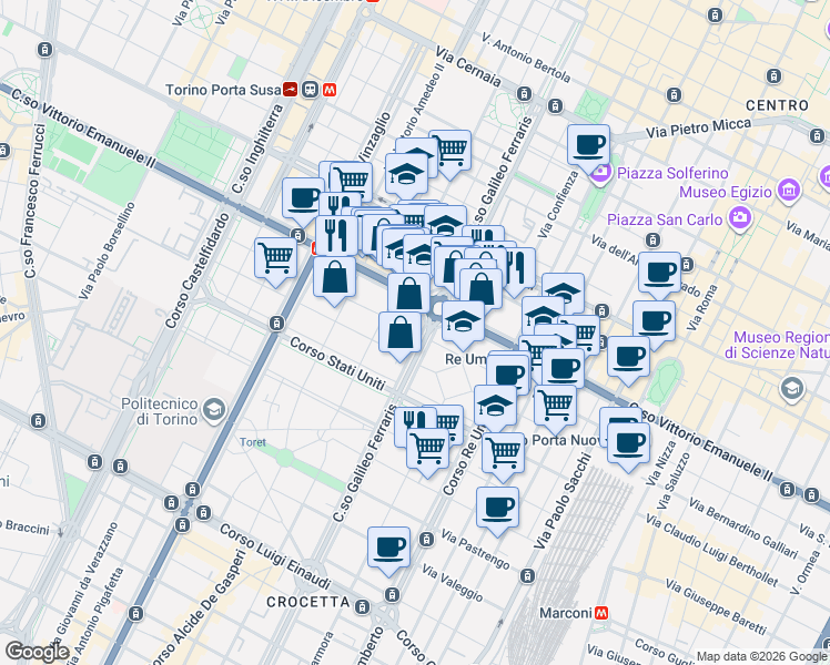map of restaurants, bars, coffee shops, grocery stores, and more near 12 Via Vincenzo Vela in Torino