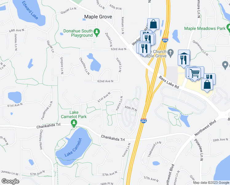 map of restaurants, bars, coffee shops, grocery stores, and more near 13619 61st Avenue North in Plymouth