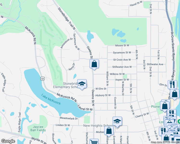 map of restaurants, bars, coffee shops, grocery stores, and more near 1105 Meadowview Drive in Stillwater
