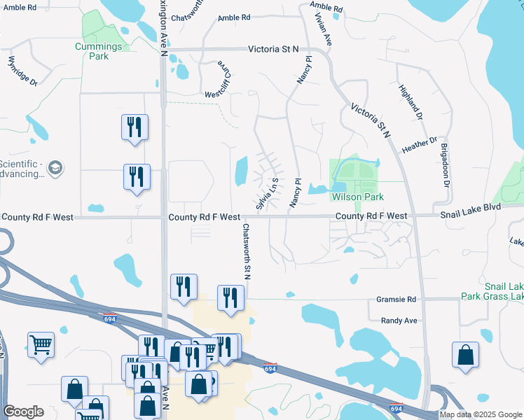 map of restaurants, bars, coffee shops, grocery stores, and more near 4100 Sylvia Lane South in Shoreview