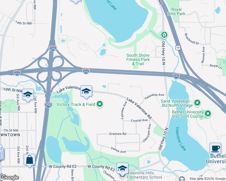 map of restaurants, bars, coffee shops, grocery stores, and more near 1785 Lake Valentine Road in Arden Hills