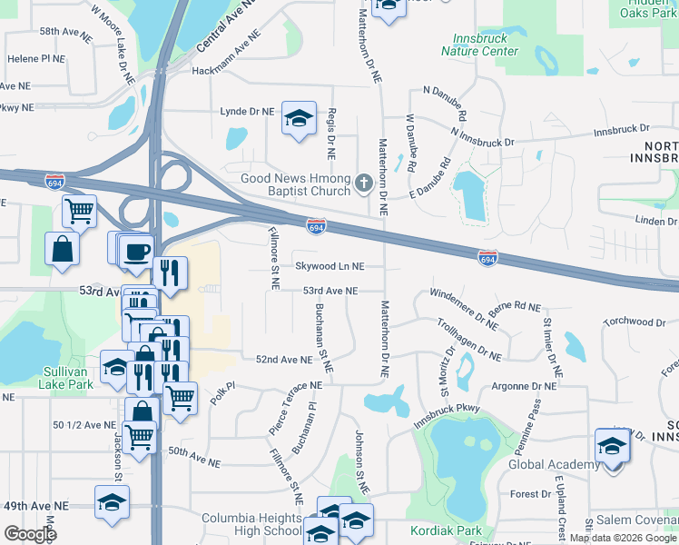 map of restaurants, bars, coffee shops, grocery stores, and more near 1371 53rd Avenue Northeast in Fridley