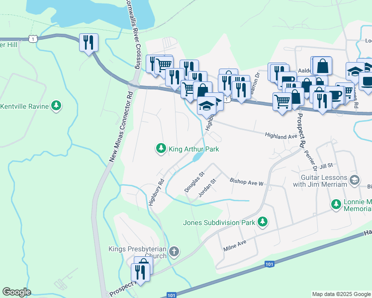 map of restaurants, bars, coffee shops, grocery stores, and more near 82 Highbury Road in New Minas