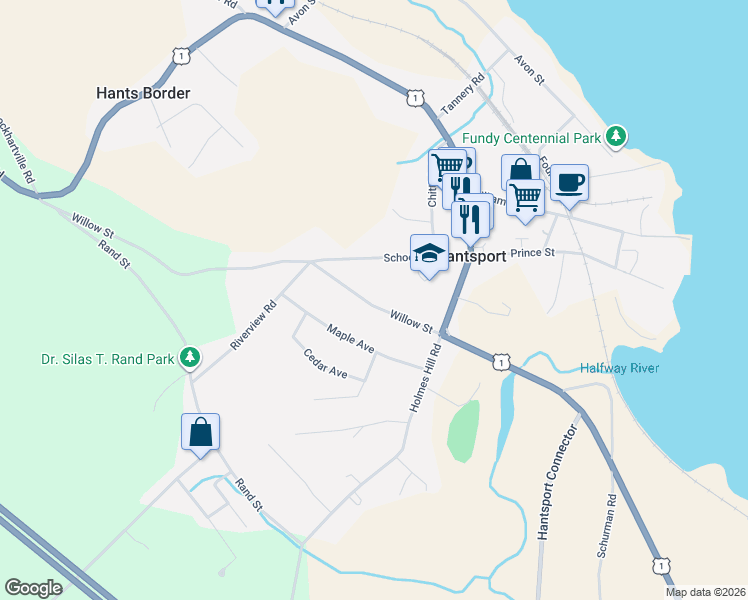 map of restaurants, bars, coffee shops, grocery stores, and more near 18 Willow Street in Hantsport