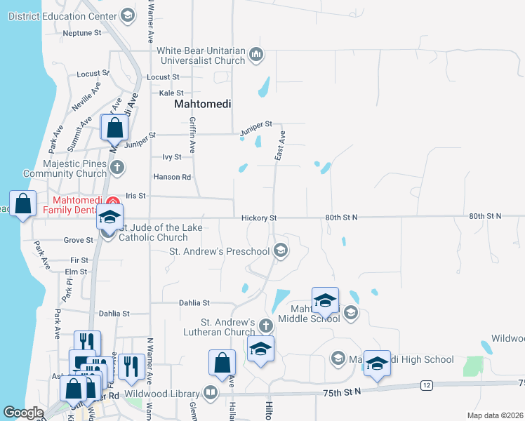 map of restaurants, bars, coffee shops, grocery stores, and more near 619 Eastgate Parkway in Mahtomedi