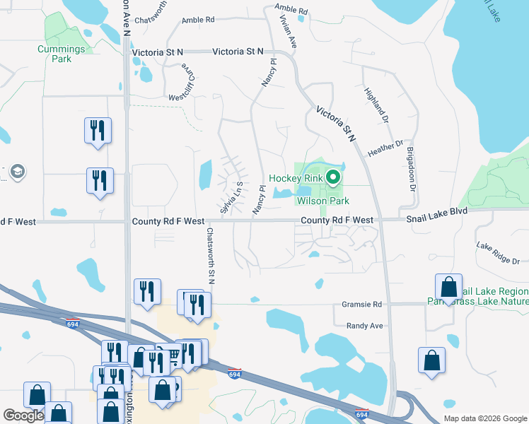 map of restaurants, bars, coffee shops, grocery stores, and more near in Shoreview