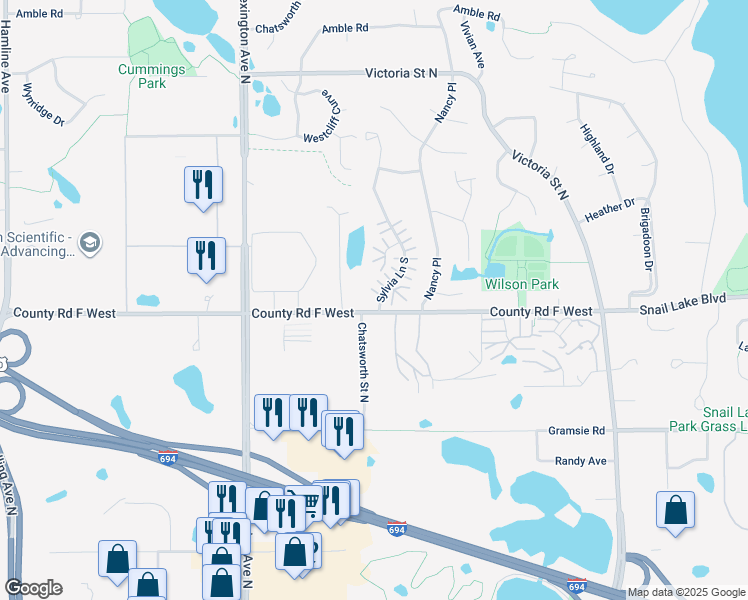 map of restaurants, bars, coffee shops, grocery stores, and more near 4100 Sylvia Lane South in Shoreview