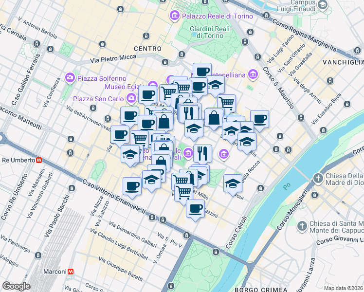 map of restaurants, bars, coffee shops, grocery stores, and more near 32/C Via Giovanni Giolitti in Torino