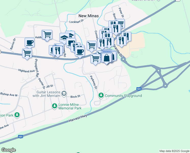 map of restaurants, bars, coffee shops, grocery stores, and more near 16 Glendale Drive in New Minas