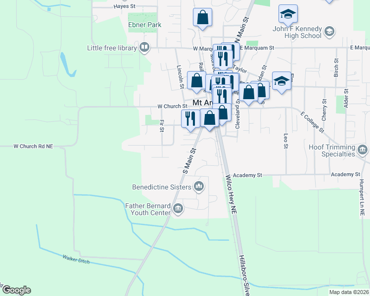 map of restaurants, bars, coffee shops, grocery stores, and more near 445 South Main Street in Mount Angel