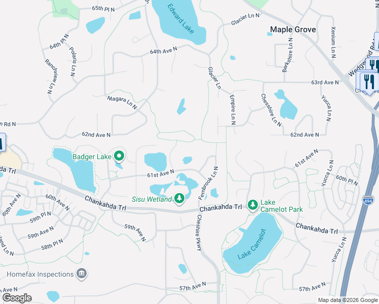 map of restaurants, bars, coffee shops, grocery stores, and more near 6100 Ithaca Lane North in Plymouth