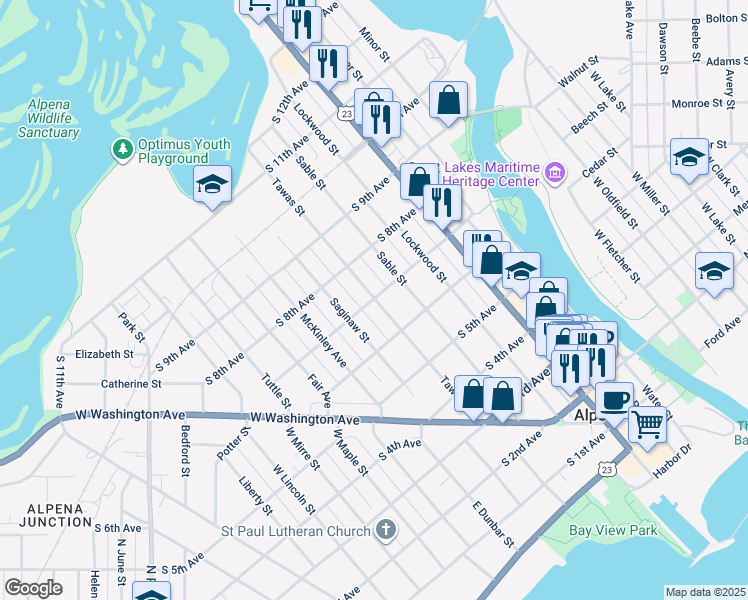 map of restaurants, bars, coffee shops, grocery stores, and more near 400 South 7th Avenue in Alpena