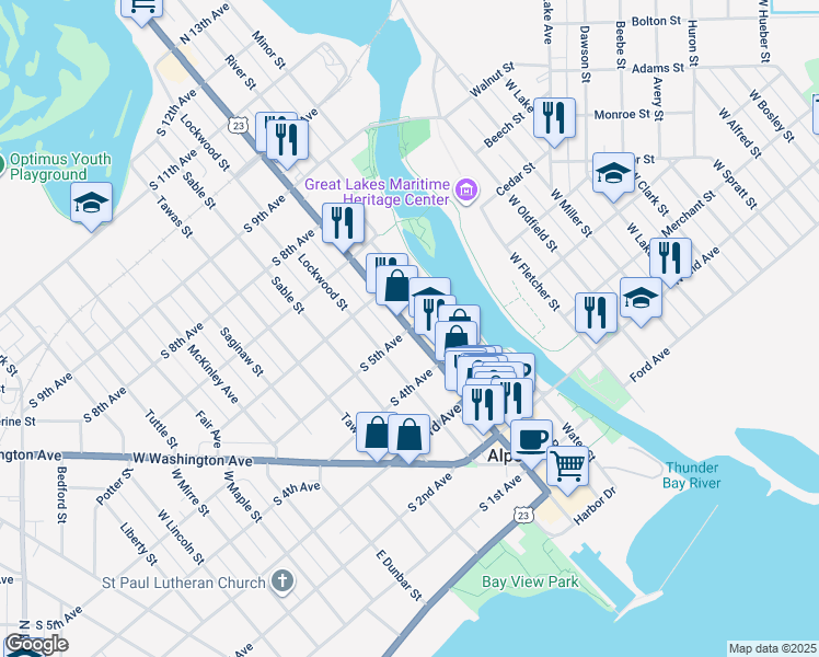 map of restaurants, bars, coffee shops, grocery stores, and more near 100 South 5th Avenue in Alpena