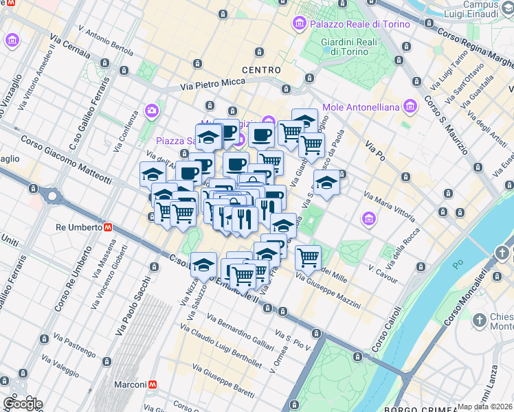 map of restaurants, bars, coffee shops, grocery stores, and more near 28 Via Carlo Alberto in Turin