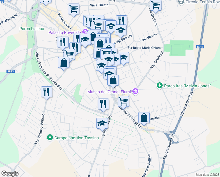 map of restaurants, bars, coffee shops, grocery stores, and more near 76 Via Giacomo Sichirollo in Rovigo