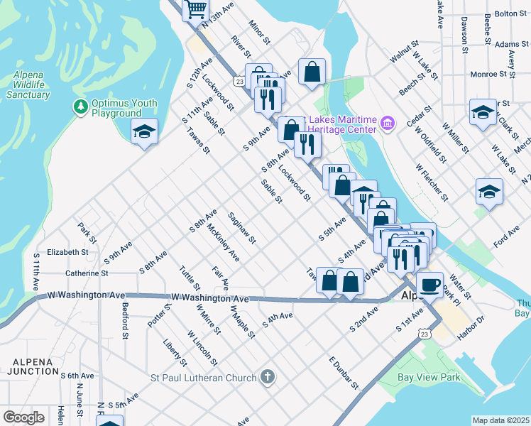 map of restaurants, bars, coffee shops, grocery stores, and more near 400 South 7th Avenue in Alpena