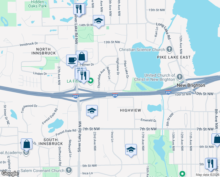 map of restaurants, bars, coffee shops, grocery stores, and more near 2133 10th Street Northwest in New Brighton