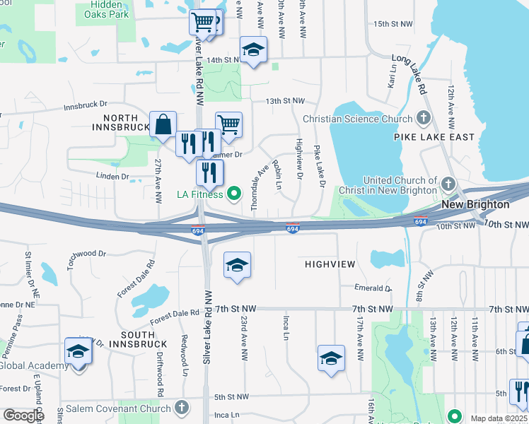 map of restaurants, bars, coffee shops, grocery stores, and more near 2219 Highway 10 in Mounds View