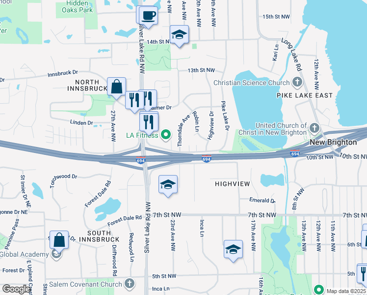 map of restaurants, bars, coffee shops, grocery stores, and more near 2219 Highway 10 in Mounds View