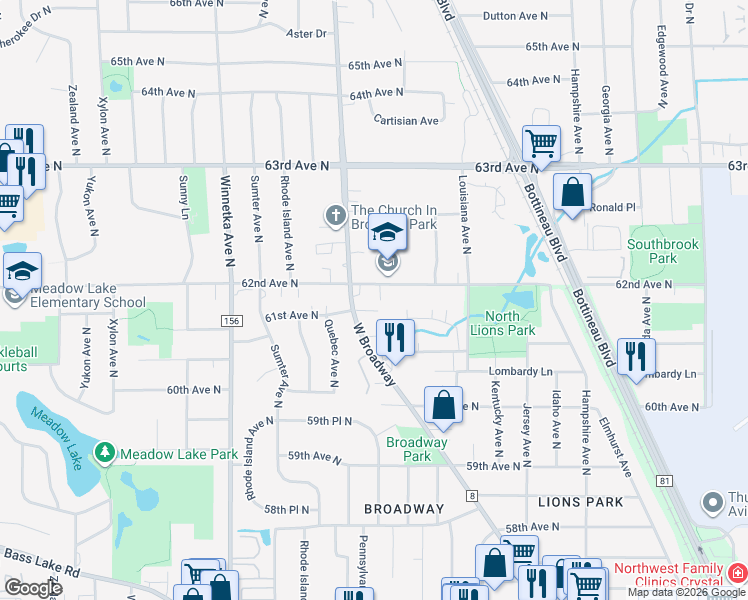 map of restaurants, bars, coffee shops, grocery stores, and more near 6075 West Broadway Avenue in Minneapolis