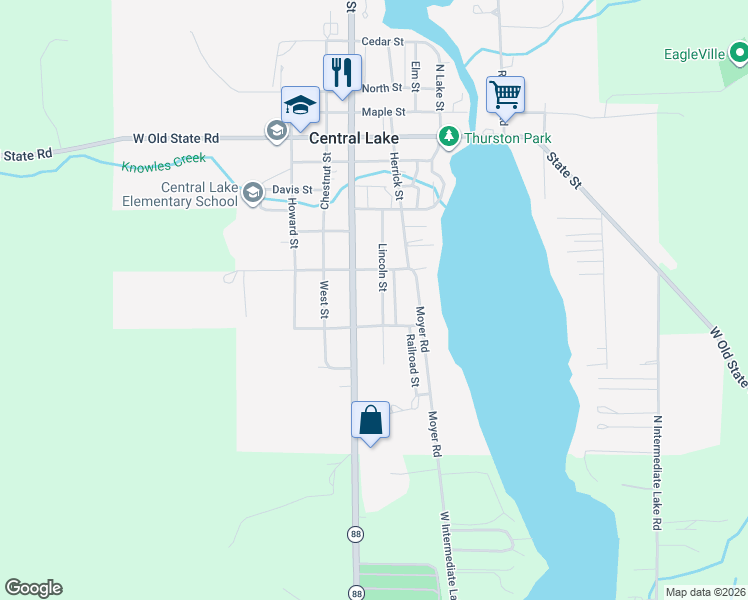 map of restaurants, bars, coffee shops, grocery stores, and more near 7962 Cameron Street in Central Lake