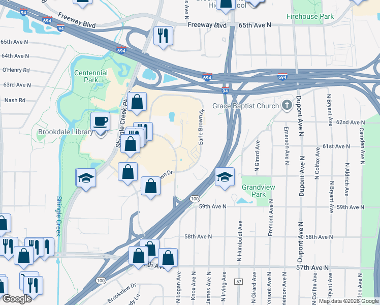 map of restaurants, bars, coffee shops, grocery stores, and more near 6001 Earle Brown Drive in Minneapolis