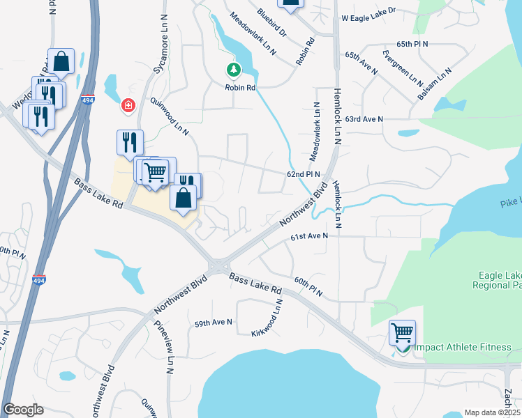 map of restaurants, bars, coffee shops, grocery stores, and more near 6207 Larch Lane North in Maple Grove