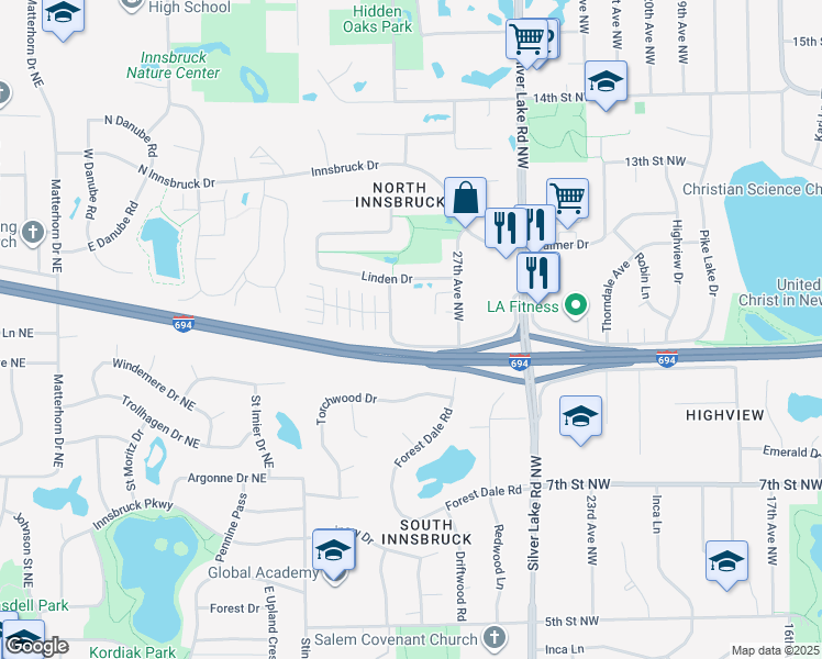 map of restaurants, bars, coffee shops, grocery stores, and more near 1101 Black Oak Drive in New Brighton